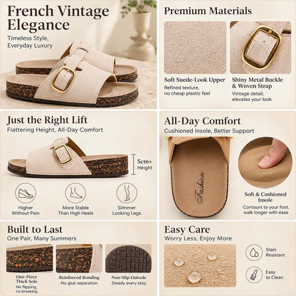 Last Day: 80% Off ✨ Vintage Buckle Slides for Women & Men – Suede-Look Adjustable Strap Sandals, Comfortable Everyday Walking Shoes with Cushioned Footbed