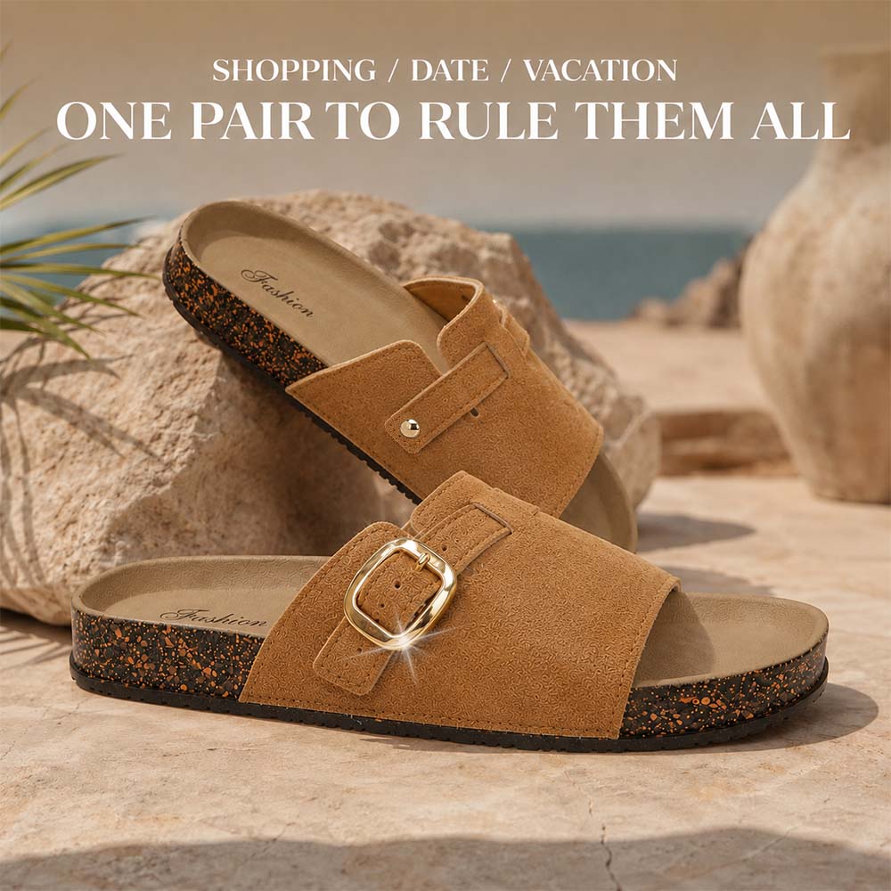 Last Day: 80% Off ✨ Vintage Buckle Slides for Women & Men – Suede-Look Adjustable Strap Sandals, Comfortable Everyday Walking Shoes with Cushioned Footbed