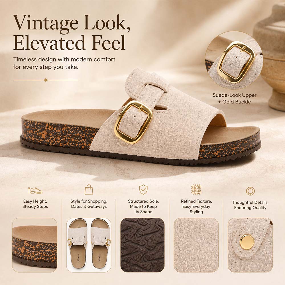 Last Day: 80% Off ✨ Vintage Buckle Slides for Women & Men – Suede-Look Adjustable Strap Sandals, Comfortable Everyday Walking Shoes with Cushioned Footbed