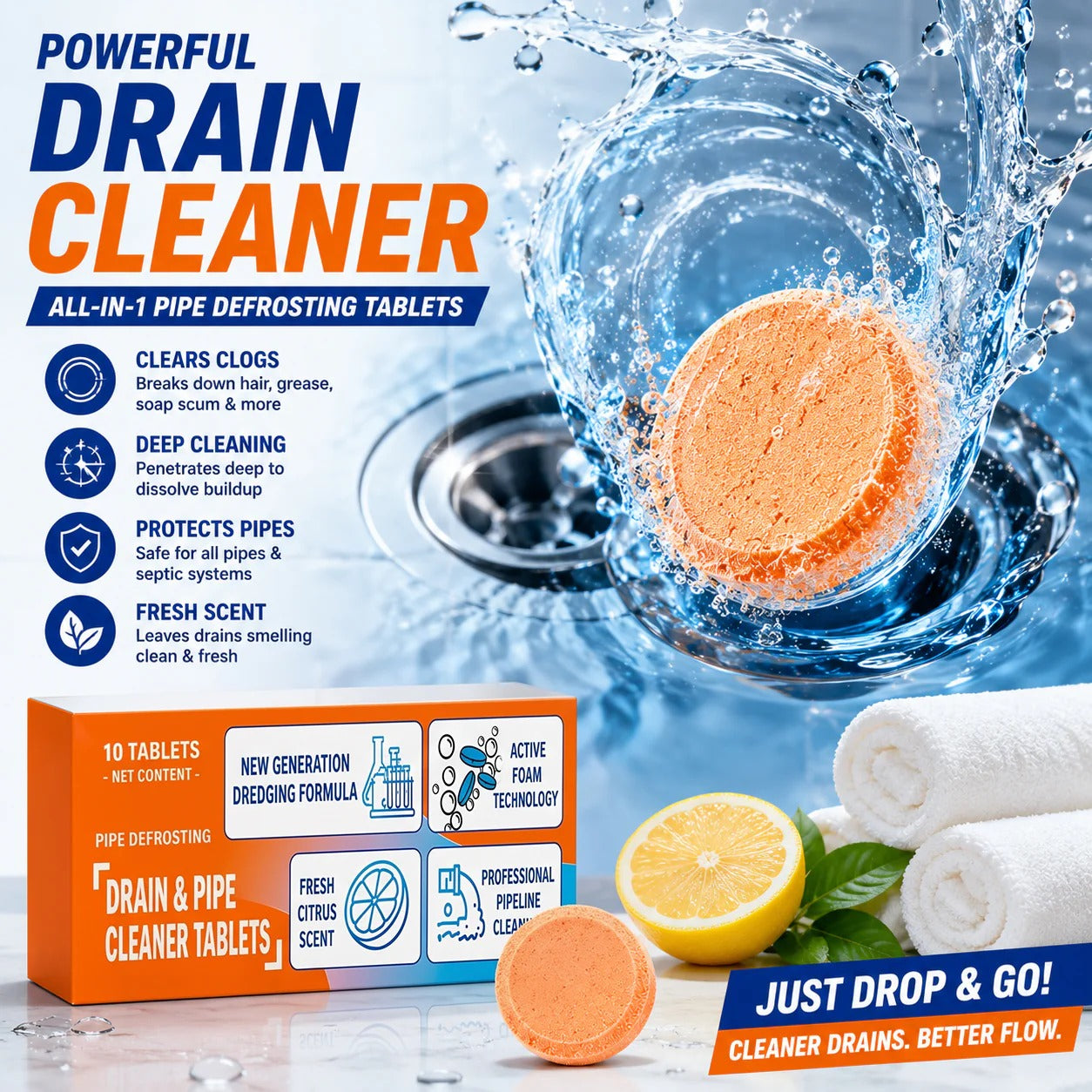 💥Foaming Drain Cleaner Tablets — Active Oxygen | Eliminates Drain Pests | No Bleach, No Lye, Pipe-Safe