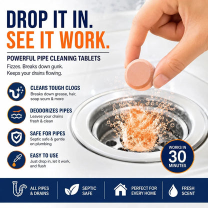 💥Foaming Drain Cleaner Tablets — Active Oxygen | Eliminates Drain Pests | No Bleach, No Lye, Pipe-Safe