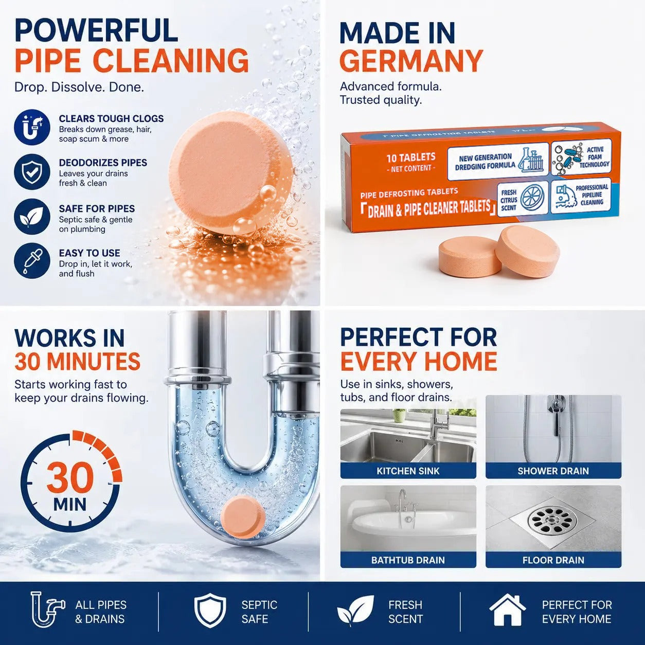 💥Foaming Drain Cleaner Tablets — Active Oxygen | Eliminates Drain Pests | No Bleach, No Lye, Pipe-Safe